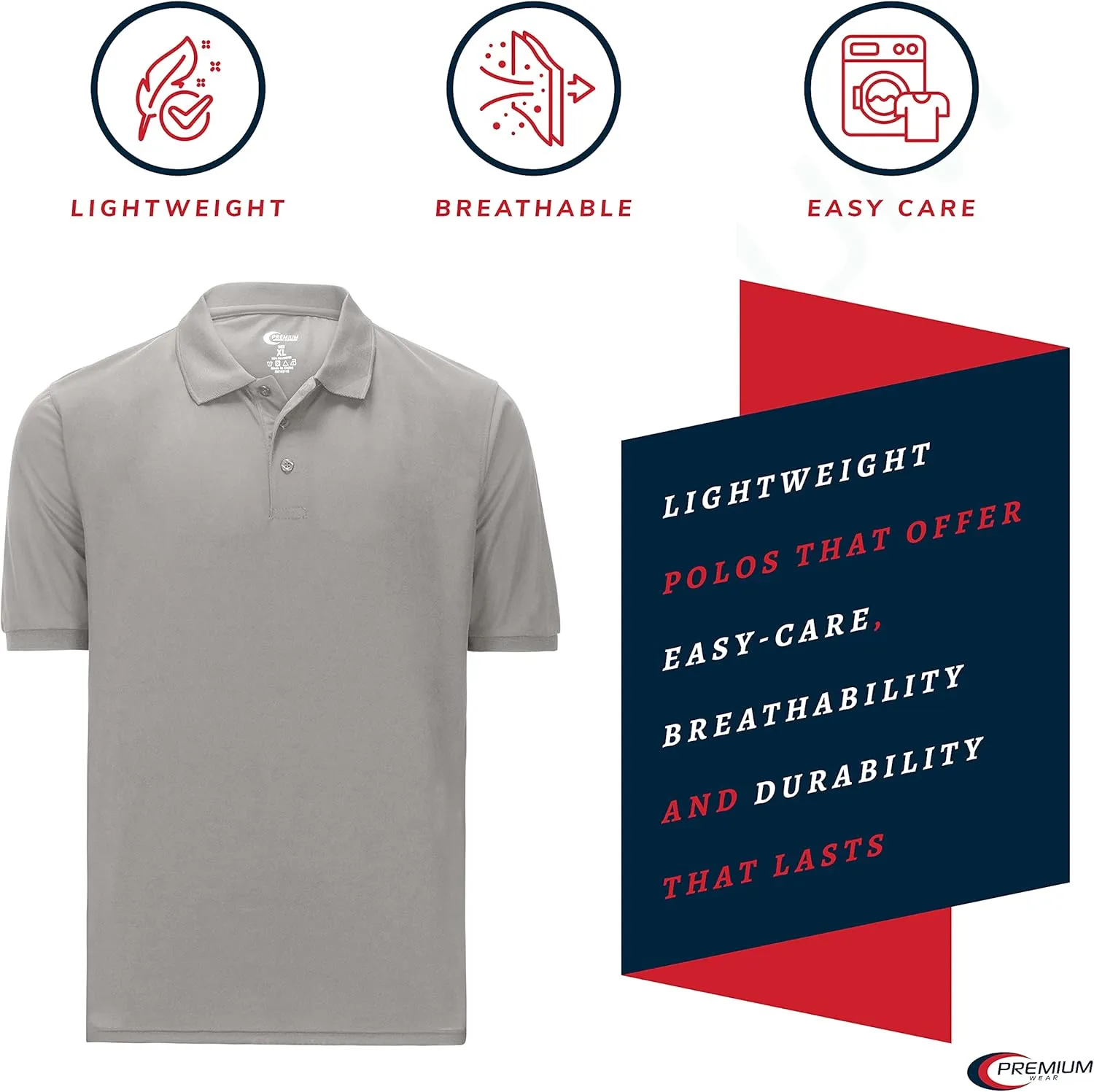 Premium Wear Men's Polo T-Shirt, High Moisture Wicking Dry Fit Performance Short-Sleeve Polo T-Shirt w Collar for Golf Tennis