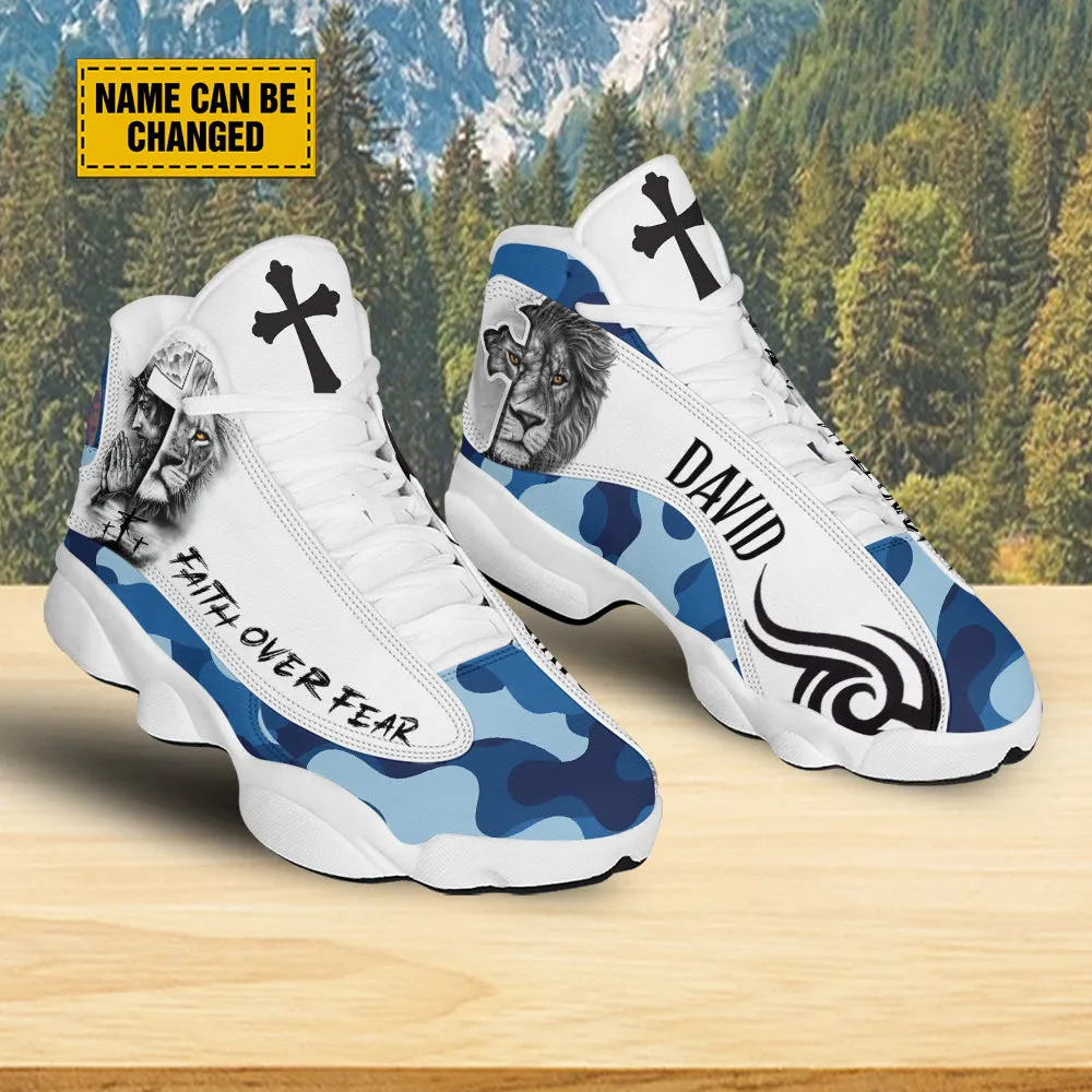 Teesdily | Customized Jesus Lion Of Judah Basketball Shoes, Faith Over Fear Running Shoes, Christian Unisex Shoes With Thick Sole